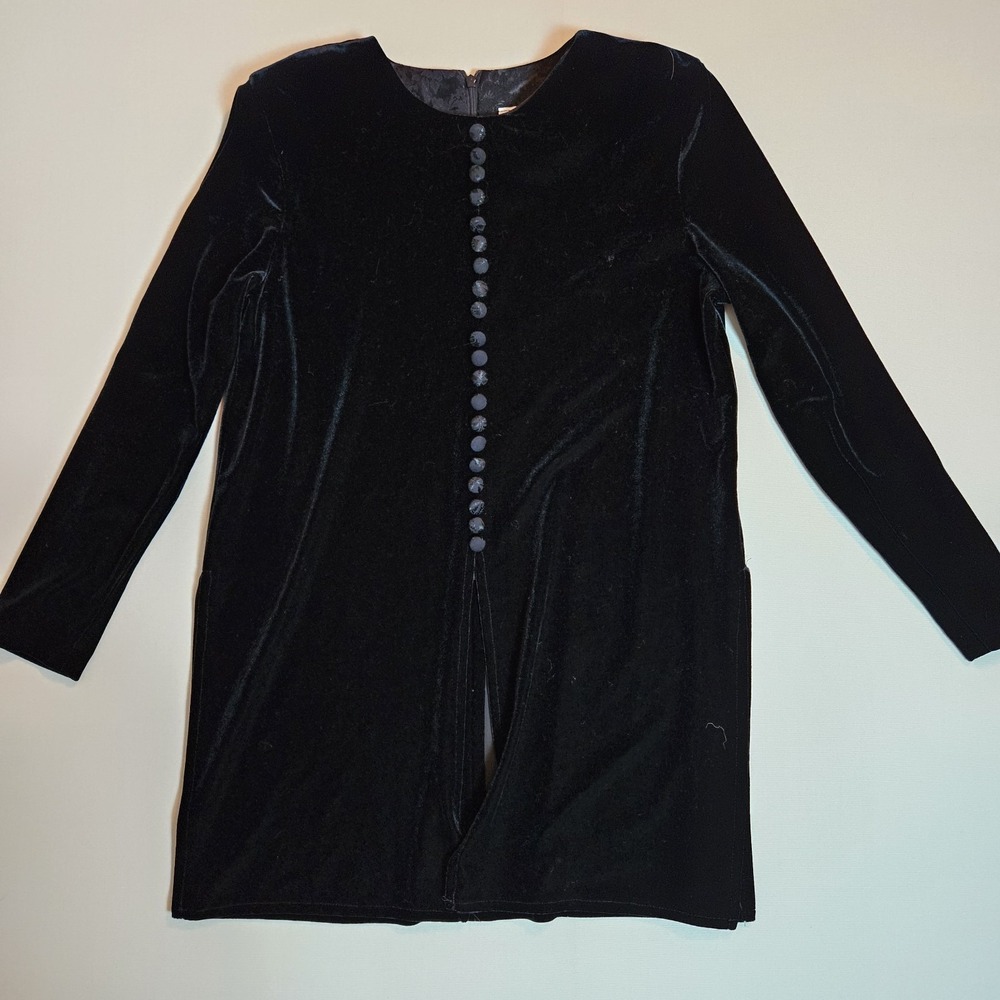 J.S. Edward Black Velvet Long‎ Sleeve Button Front Dress Size 12 Vintage Style